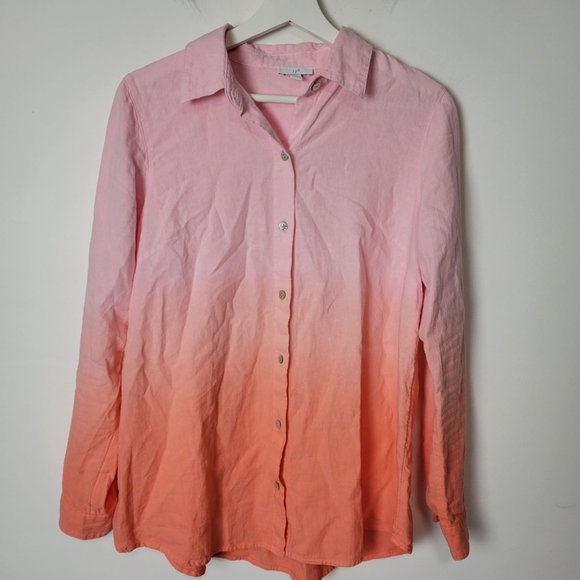 J. Jill Linen Blend Tab-Sleeve A-Line Button-Up Shirt Orange Ombre Size … - Picture 3 of 14